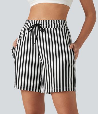 High Waisted Drawstring 2-in-1 Stripe Yoga Shorts 7'' with Pockets