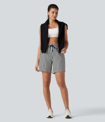High Waisted Drawstring 2-in-1 Stripe Yoga Shorts 7'' with Pockets