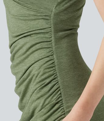 V-neck Short Sleeve Ruched Crossover Hem Mini Casual Bodycon Dress