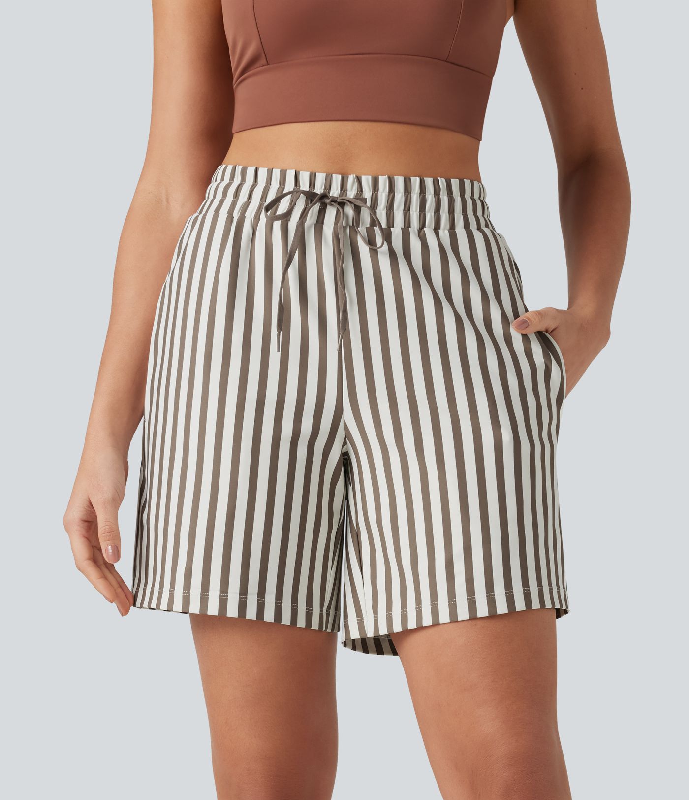 High Waisted Drawstring 2-in-1 Stripe Yoga Shorts 7'' with Pockets