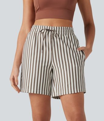 High Waisted Drawstring 2-in-1 Stripe Yoga Shorts 7'' with Pockets