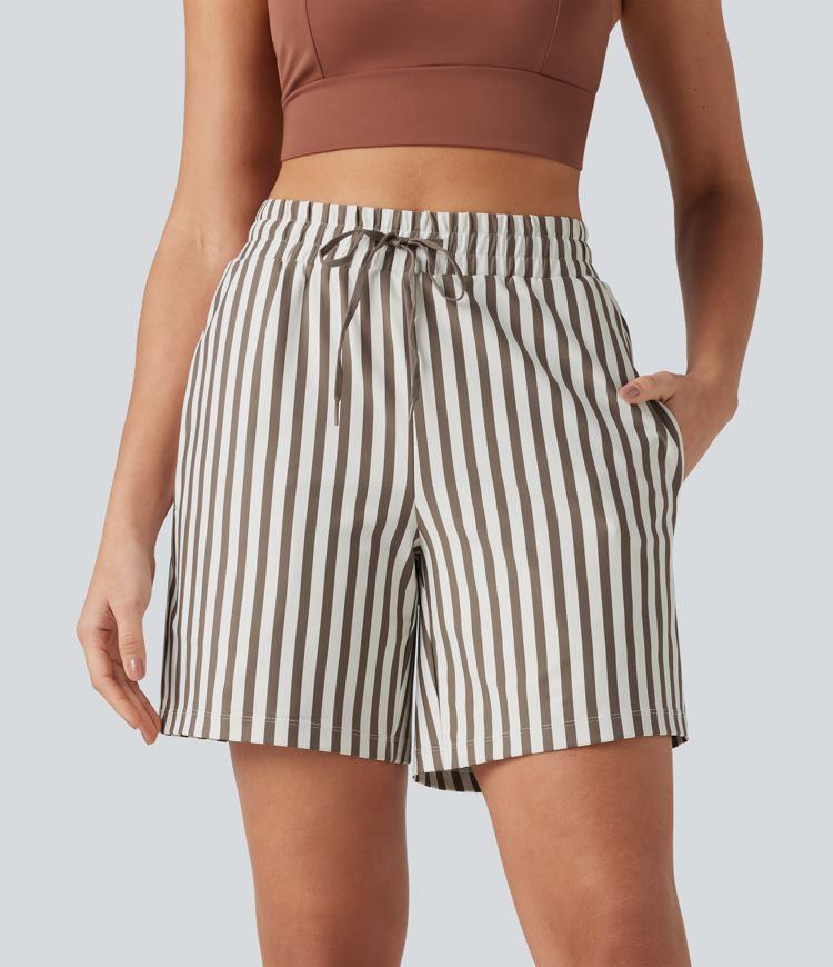 High Waisted Drawstring 2-in-1 Stripe Yoga Shorts 7'' with Pockets