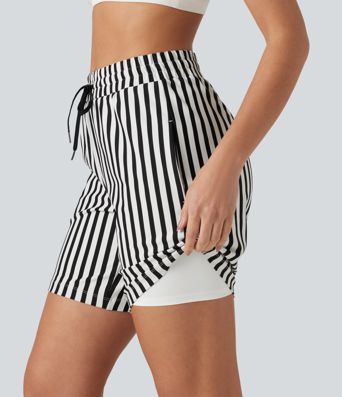High Waisted Drawstring 2-in-1 Stripe Yoga Shorts 7'' with Pockets