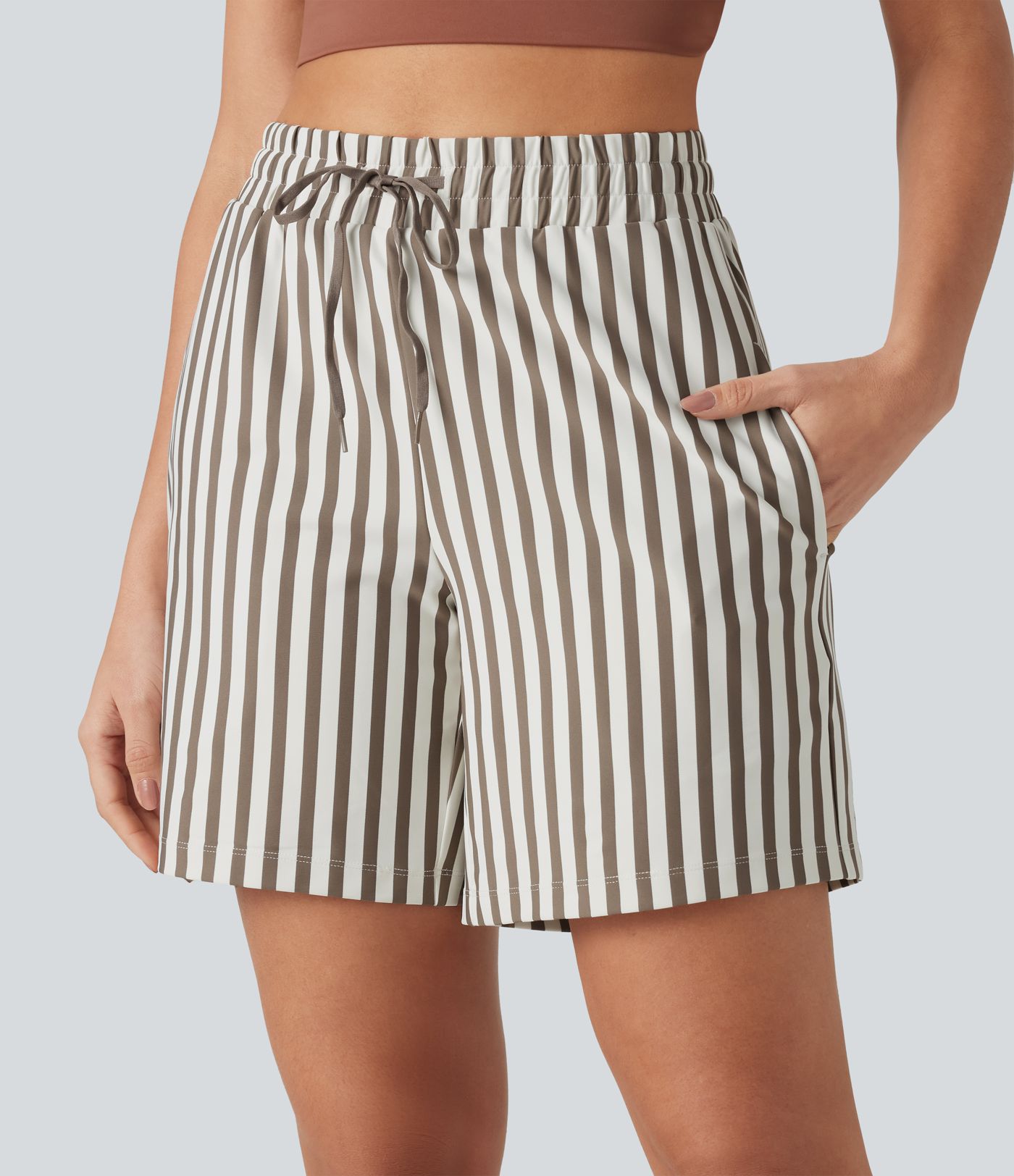 High Waisted Drawstring 2-in-1 Stripe Yoga Shorts 7'' with Pockets