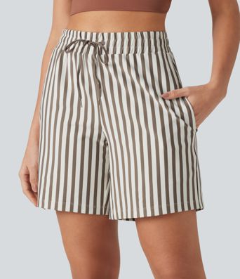 High Waisted Drawstring 2-in-1 Stripe Yoga Shorts 7'' with Pockets