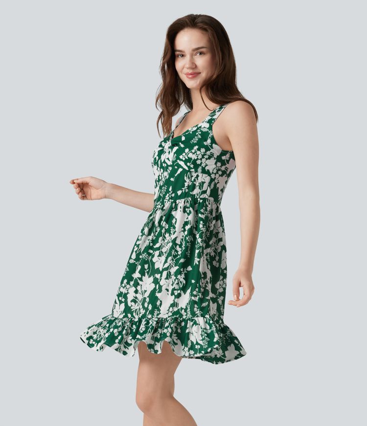 Sweetheart Neck Sleeveless Lace Up Floral Print Mini Dress