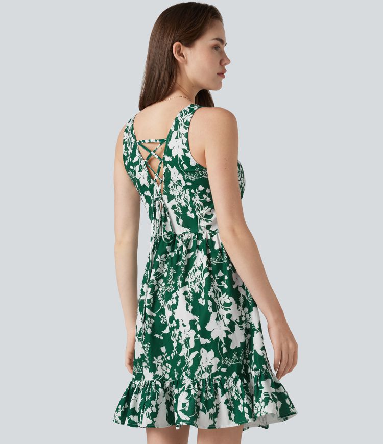 Sweetheart Neck Sleeveless Lace Up Floral Print Mini Dress