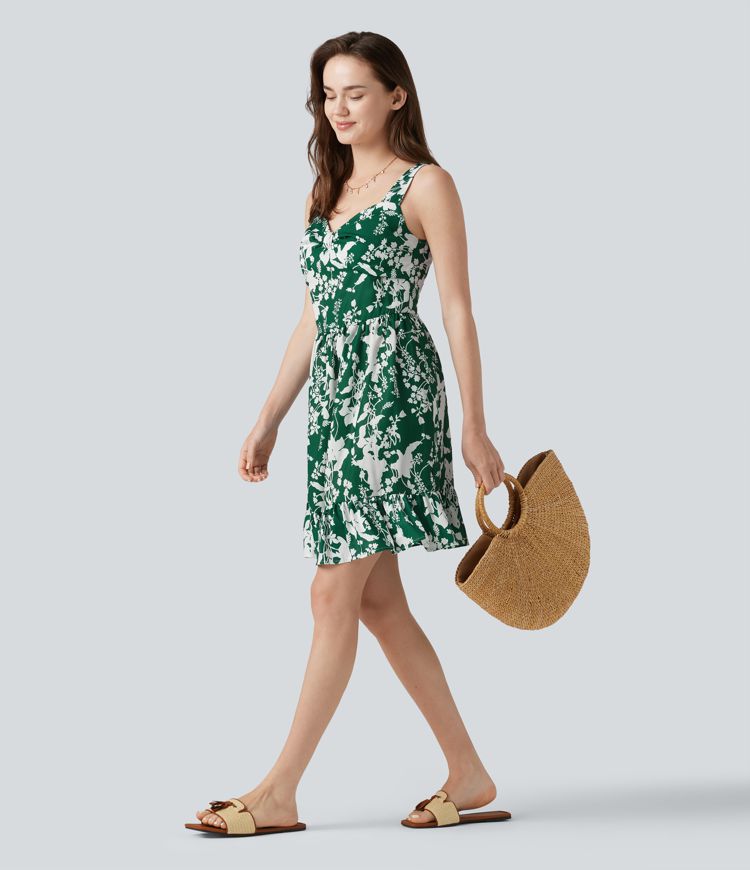 Sweetheart Neck Sleeveless Lace Up Floral Print Mini Dress