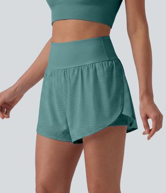 Short yoga 2-en-1 gainant taille haute à pois réfléchissants, ourlet arrondi croisé et œillets avec poches