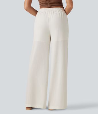 Mid Rise Drawstring Contrast Lace 2-in-1 Casual Linen-Feel Baggy Pants with Pockets