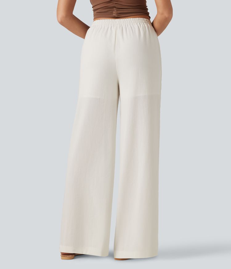 Mid Rise Drawstring Contrast Lace 2-in-1 Casual Linen-Feel Baggy Pants with Pockets