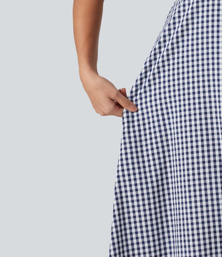 Round Neck Sleeveless Midi Crinkle Gingham Casual Tank Dress with Pockets