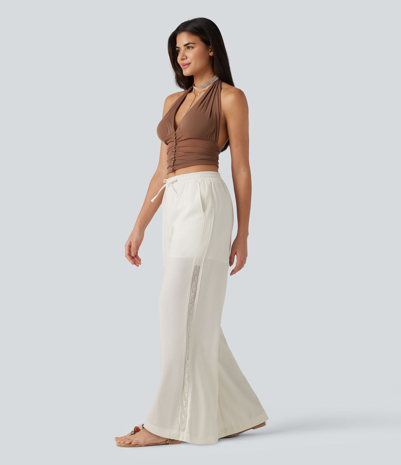 Mid Rise Drawstring Contrast Lace 2-in-1 Casual Linen-Feel Baggy Pants with Pockets