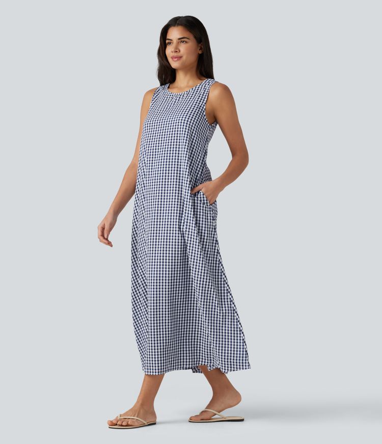 Round Neck Sleeveless Midi Crinkle Gingham Casual Tank Dress with Pockets