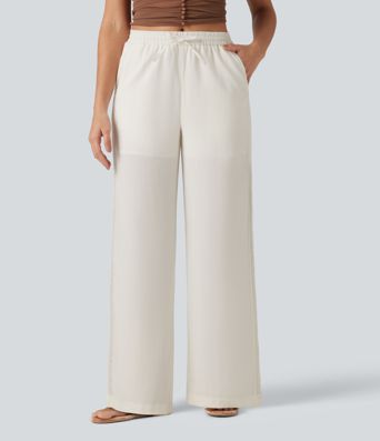 Mid Rise Drawstring Contrast Lace 2-in-1 Casual Linen-Feel Baggy Pants with Pockets