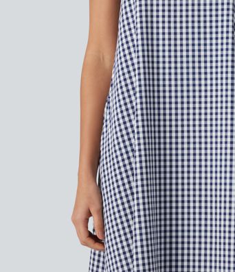 Round Neck Sleeveless Midi Crinkle Gingham Casual Tank Dress with Pockets