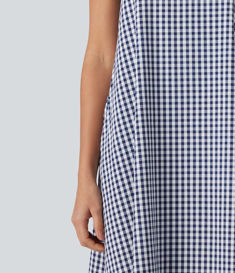 Round Neck Sleeveless Midi Crinkle Gingham Casual Tank Dress with Pockets