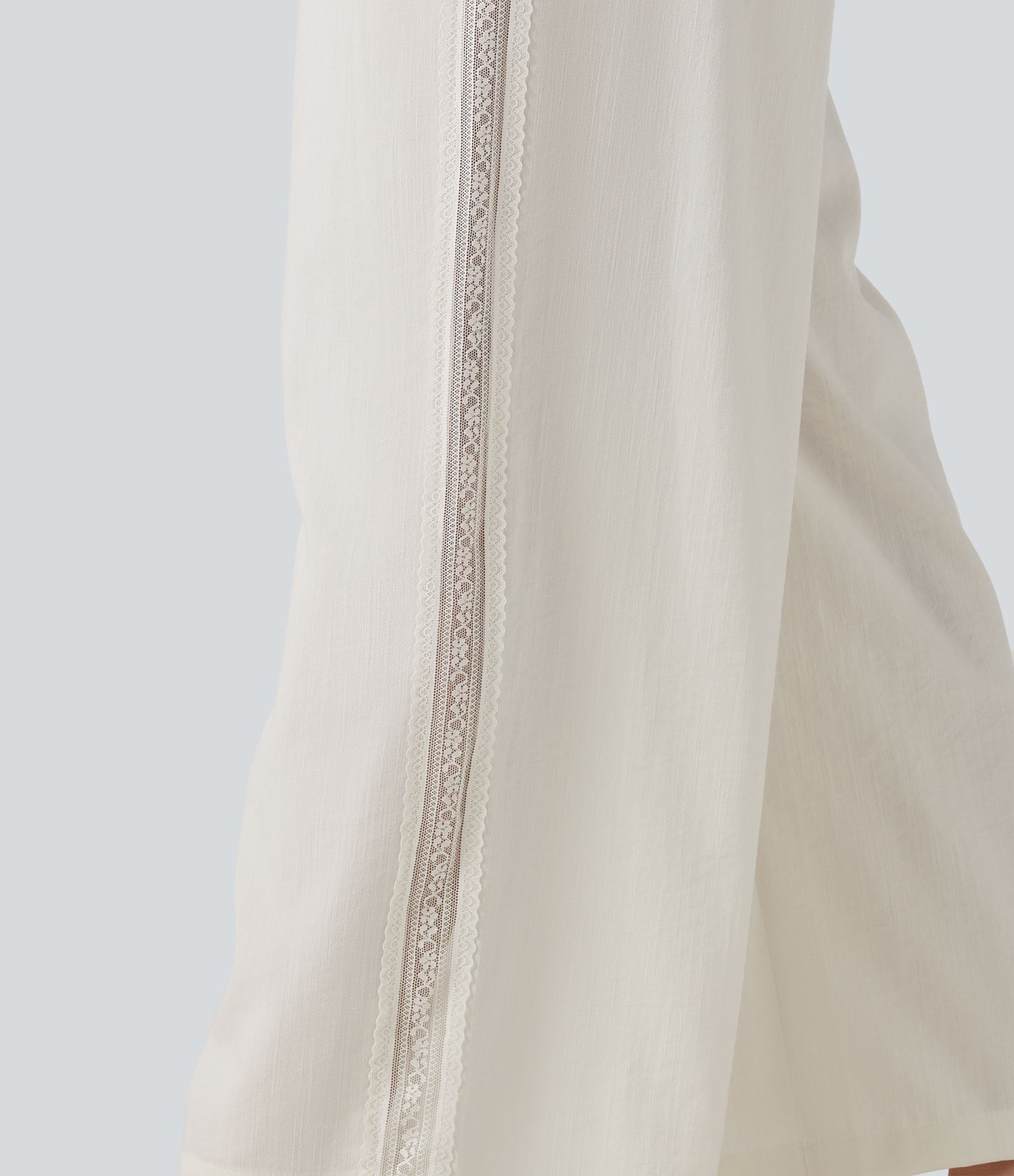 Mid Rise Drawstring Contrast Lace 2-in-1 Casual Linen-Feel Baggy Pants with Pockets