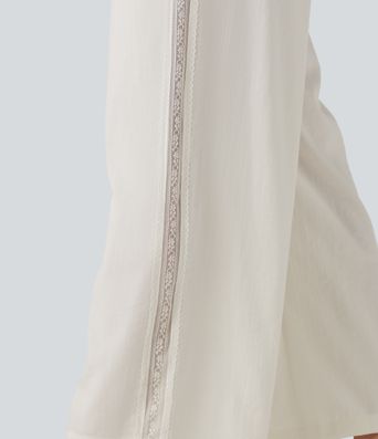 Mid Rise Drawstring Contrast Lace 2-in-1 Casual Linen-Feel Baggy Pants with Pockets