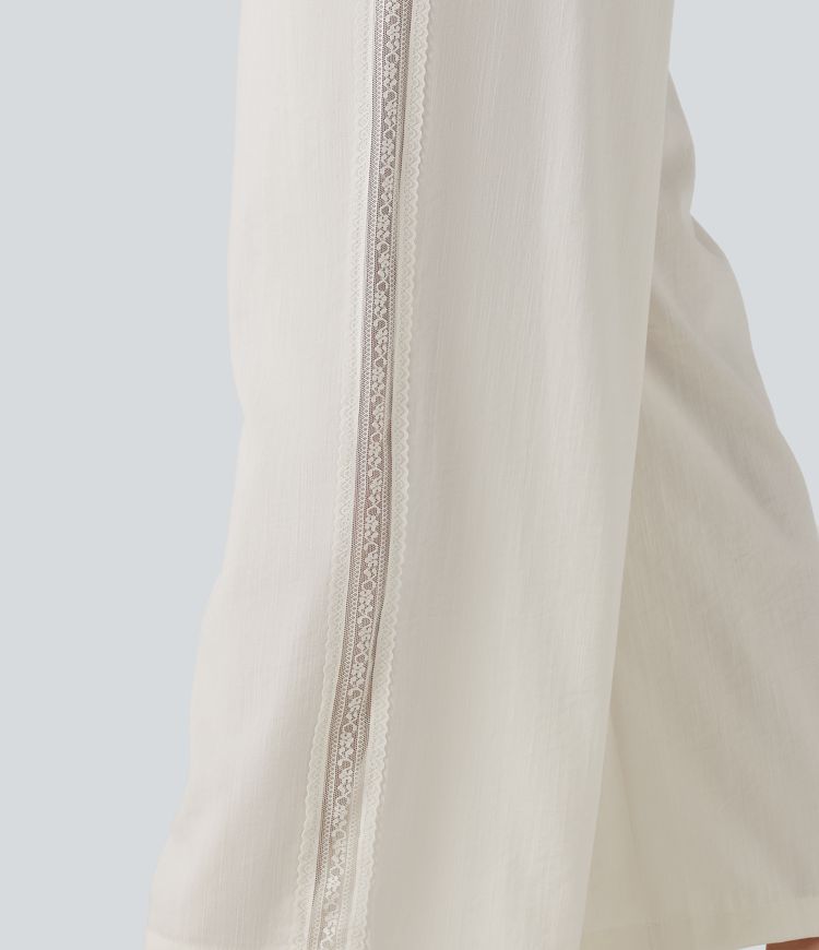 Mid Rise Drawstring Contrast Lace 2-in-1 Casual Linen-Feel Baggy Pants with Pockets