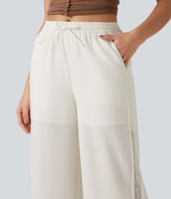 Mid Rise Drawstring Contrast Lace 2-in-1 Casual Linen-Feel Baggy Pants with Pockets