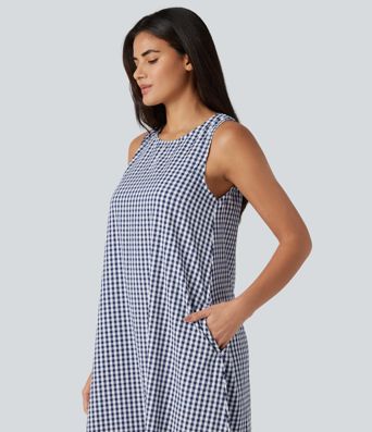 Round Neck Sleeveless Midi Crinkle Gingham Casual Tank Dress with Pockets