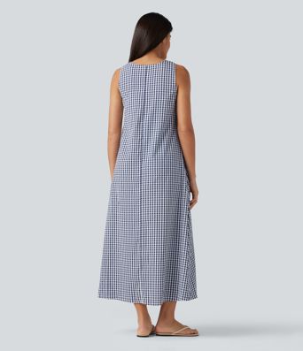 Round Neck Sleeveless Midi Crinkle Gingham Casual Tank Dress with Pockets