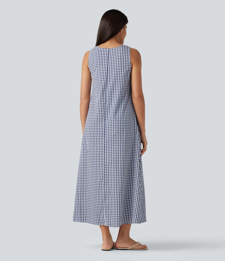 Round Neck Sleeveless Midi Crinkle Gingham Casual Tank Dress with Pockets