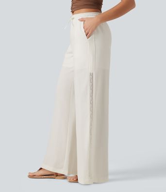 Mid Rise Drawstring Contrast Lace 2-in-1 Casual Linen-Feel Baggy Pants with Pockets