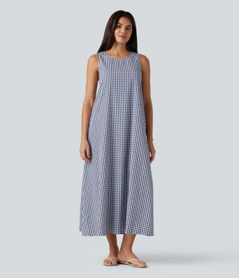 Round Neck Sleeveless Midi Crinkle Gingham Casual Tank Dress with Pockets