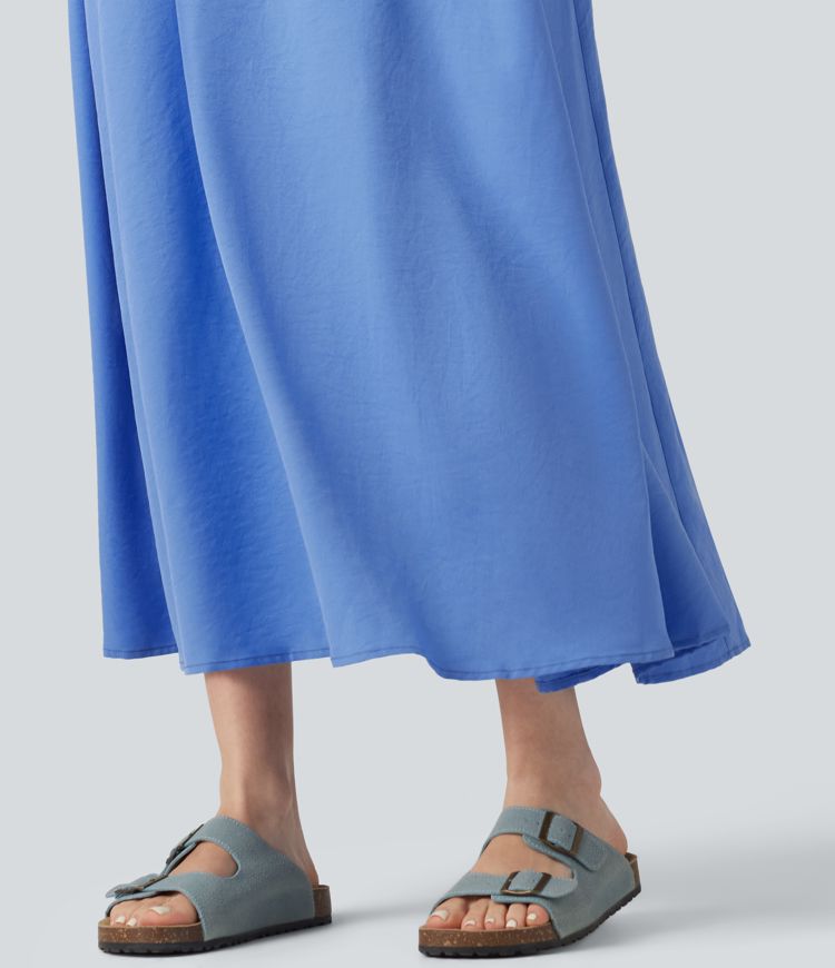 Square Neck Ruffle Trim Sleeveless Midi Casual Flowy Dress with Pockets