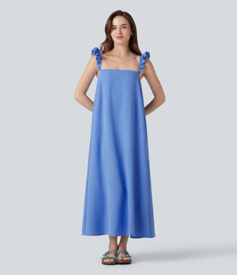 Square Neck Ruffle Trim Sleeveless Midi Casual Flowy Dress with Pockets
