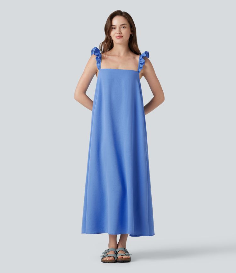 Square Neck Ruffle Trim Sleeveless Midi Casual Flowy Dress with Pockets
