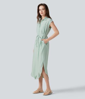 Collar Cap Sleeve Belted Curved Split Hem Midi Casual Linen-Blend Shirt Dress with Pockets
