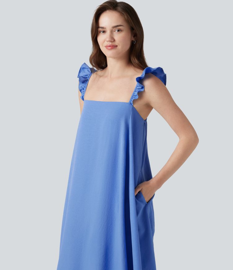 Square Neck Ruffle Trim Sleeveless Midi Casual Flowy Dress with Pockets