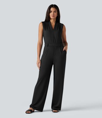 V Neck Sleeveless Work Jumpsuit with Pockets-Easy Peezy Edition V Neck Sleeveless Work Jumpsuit with Pockets-Easy Peezy Edition