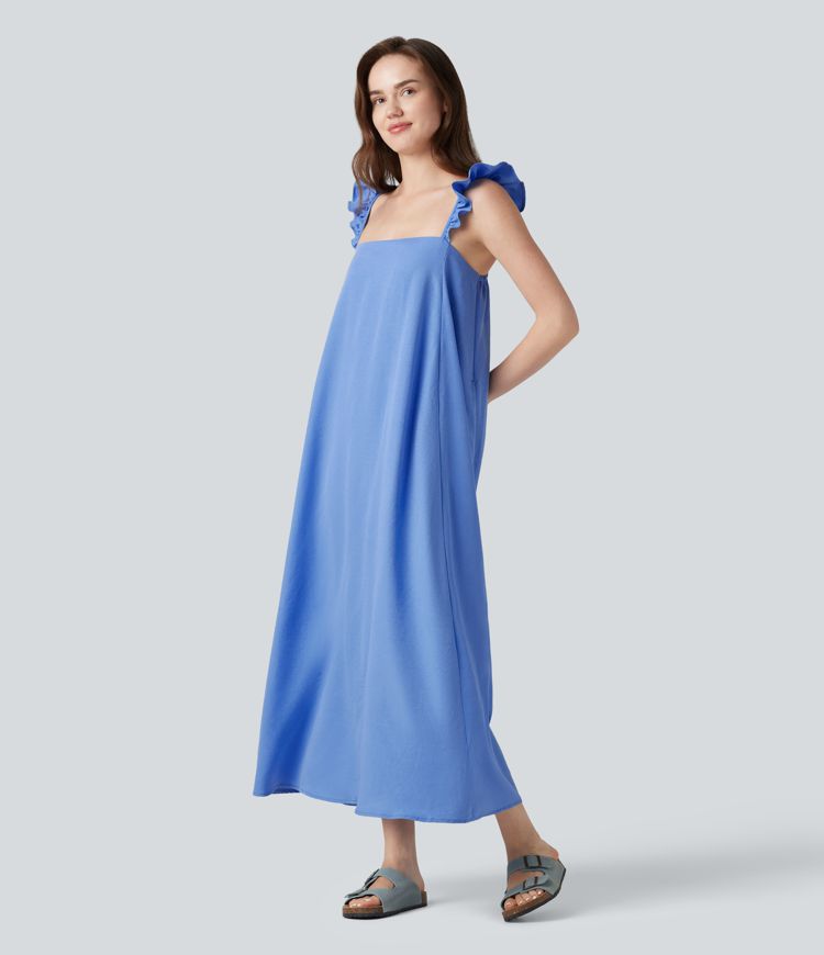 Square Neck Ruffle Trim Sleeveless Midi Casual Flowy Dress with Pockets