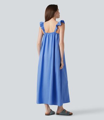 Square Neck Ruffle Trim Sleeveless Midi Casual Flowy Dress with Pockets