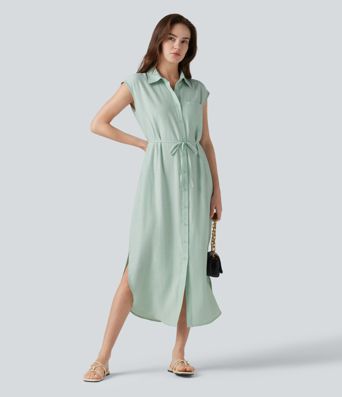Collar Cap Sleeve Belted Curved Split Hem Midi Casual Linen-Blend Shirt Dress with Pockets