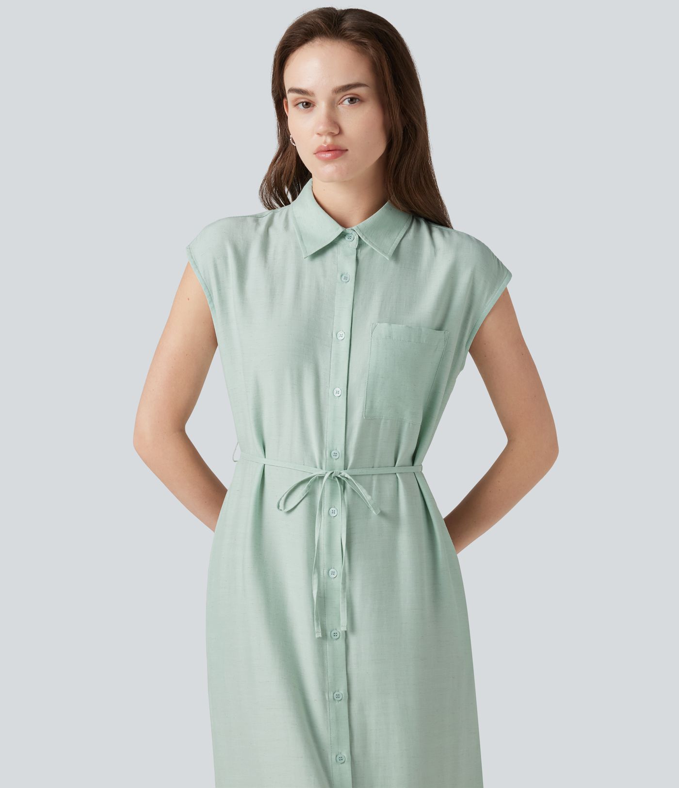 Collar Cap Sleeve Belted Curved Split Hem Midi Casual Linen-Blend Shirt Dress with Pockets