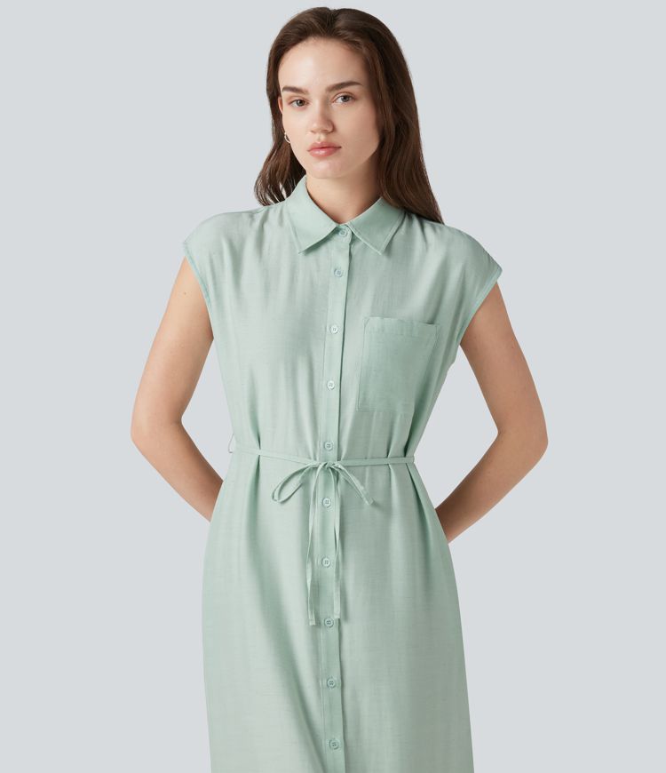 Collar Cap Sleeve Belted Curved Split Hem Midi Casual Linen-Blend Shirt Dress with Pockets