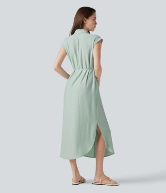 Collar Cap Sleeve Belted Curved Split Hem Midi Casual Linen-Blend Shirt Dress with Pockets