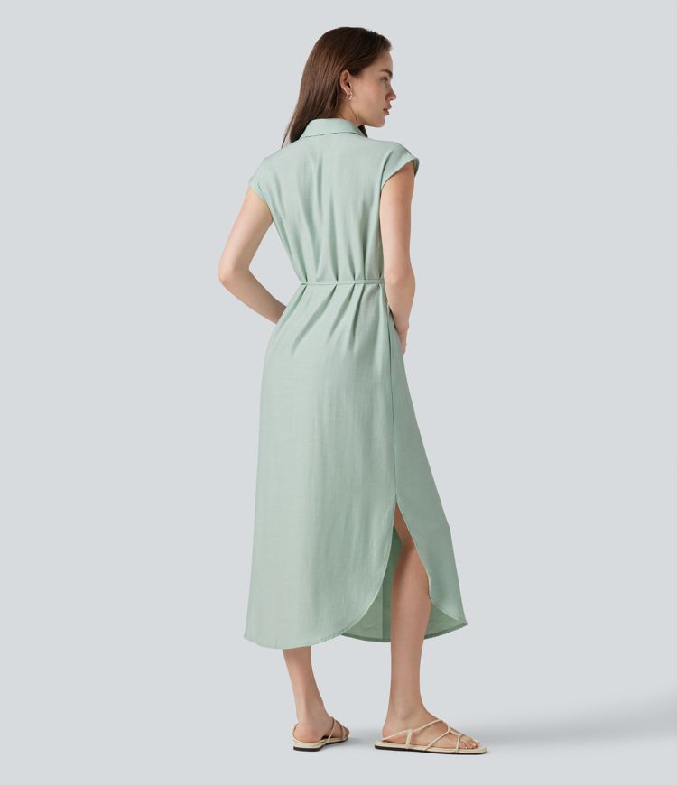 Collar Cap Sleeve Belted Curved Split Hem Midi Casual Linen-Blend Shirt Dress with Pockets