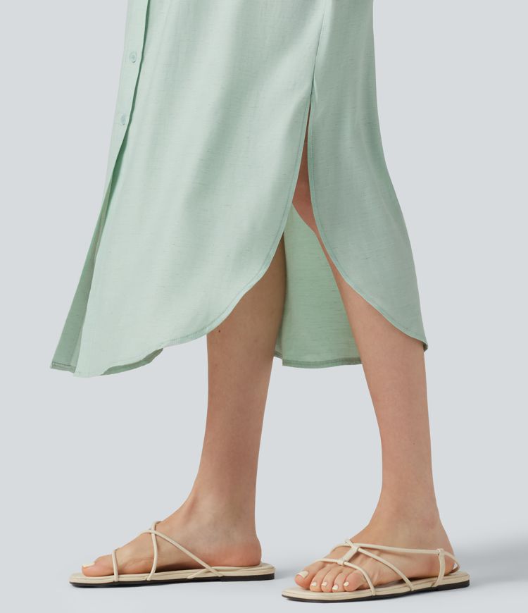 Collar Cap Sleeve Belted Curved Split Hem Midi Casual Linen-Blend Shirt Dress with Pockets