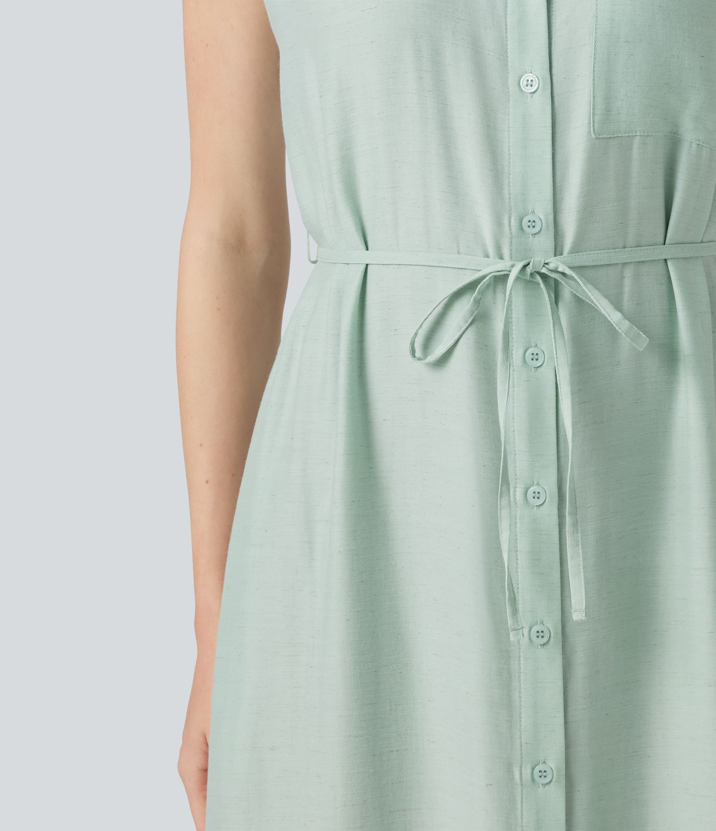 Collar Cap Sleeve Belted Curved Split Hem Midi Casual Linen-Blend Shirt Dress with Pockets