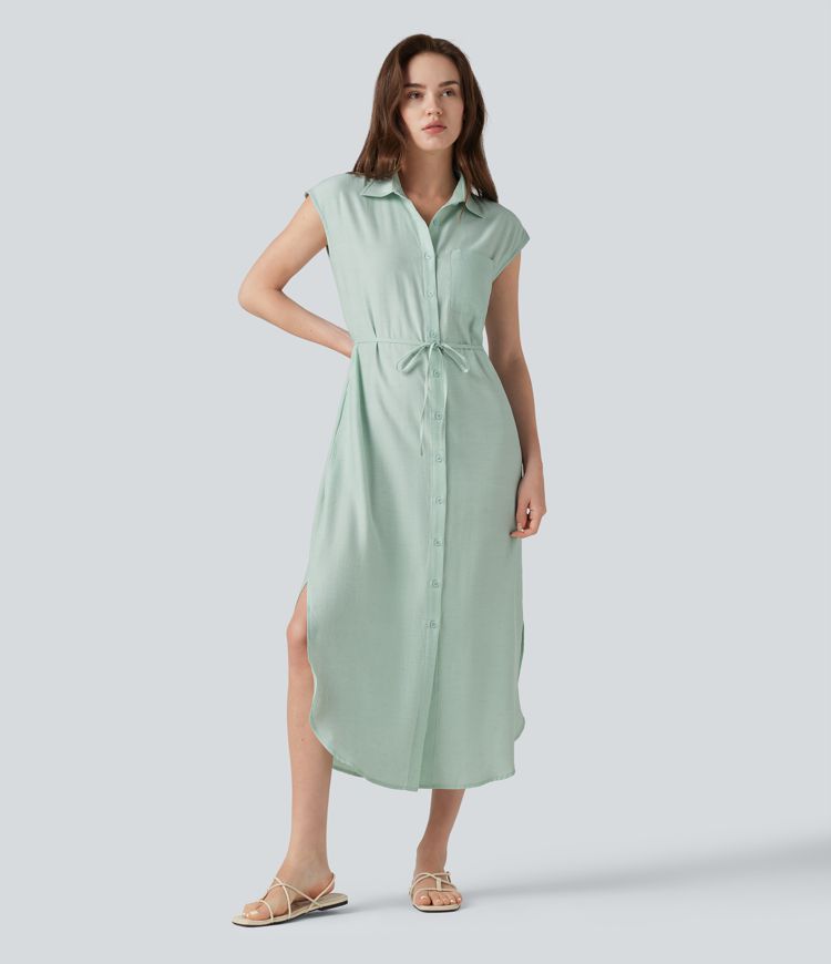 Collar Cap Sleeve Belted Curved Split Hem Midi Casual Linen-Blend Shirt Dress with Pockets