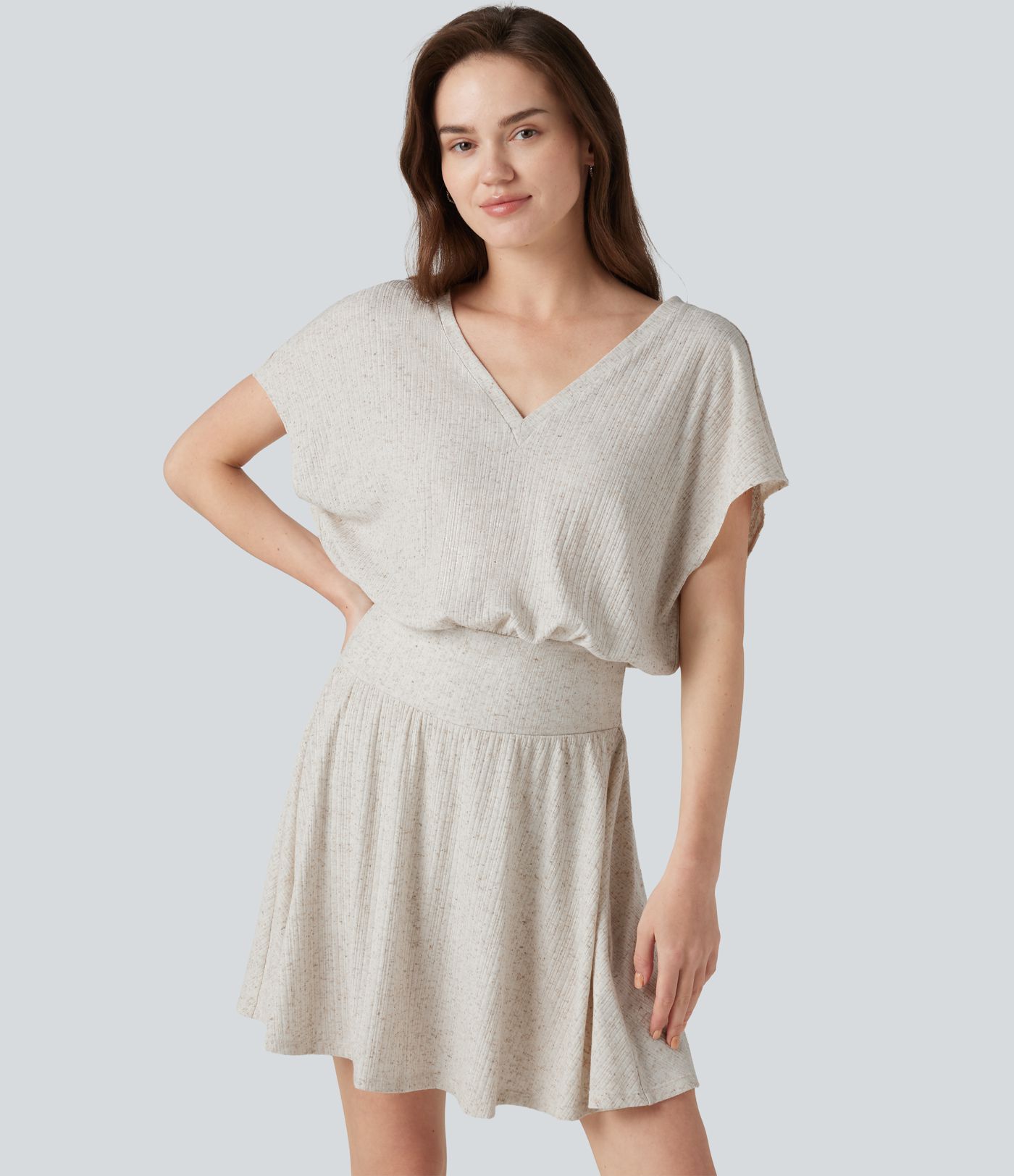 Ribbed Knit V-neck Short Sleeve 2-in-1 Mini Casual Linen-Blend Flowy Dress