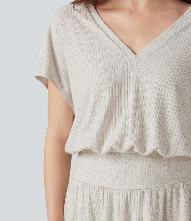 Ribbed Knit V-neck Short Sleeve 2-in-1 Mini Casual Linen-Blend Flowy Dress