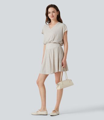 Ribbed Knit V-neck Short Sleeve 2-in-1 Mini Casual Linen-Blend Flowy Dress