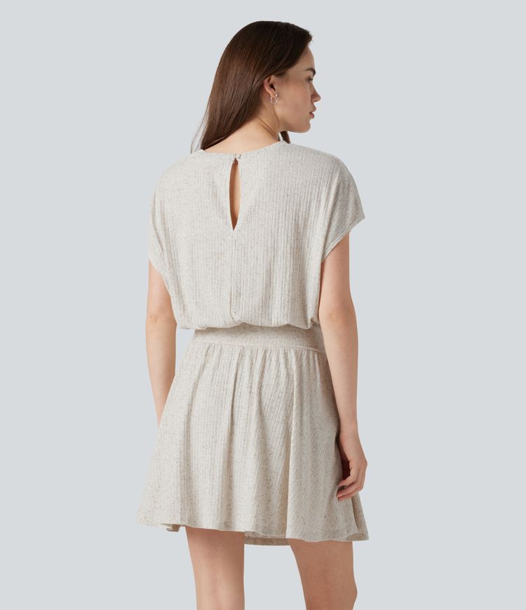 Ribbed Knit V-neck Short Sleeve 2-in-1 Mini Casual Linen-Blend Flowy Dress